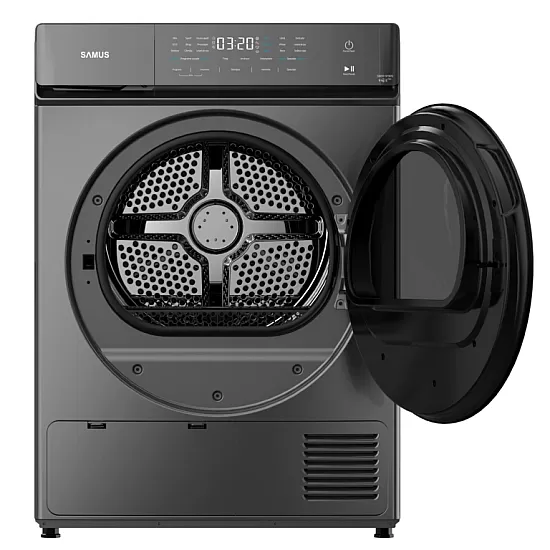 Uscator de rufe Samus SWDP-919DS, 8 kg, Tip procedura uscare: pompa de caldura. 18 programe, Clasa energetica E, anti-sifonare, blocare acces copii, gri inchis
