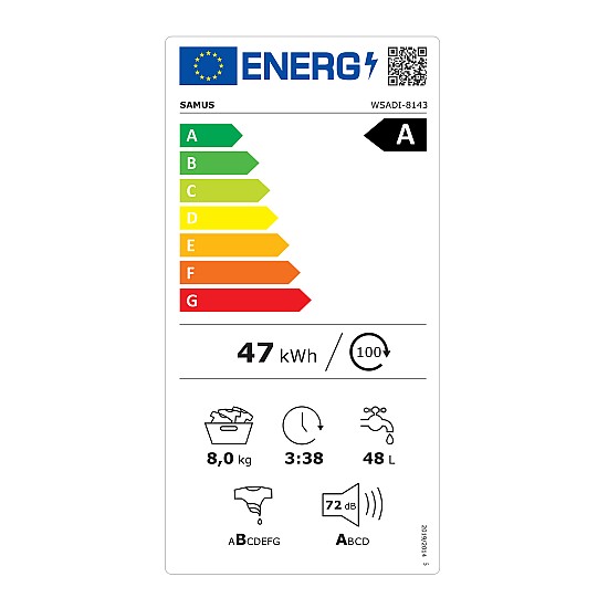 Masina de spalat rufe Samus WSADI-8143 Capacitate 8 kg, Motor INVERTER, Afiaj electronic,15 programe, 1400 rot/min., Clasa energetica A
