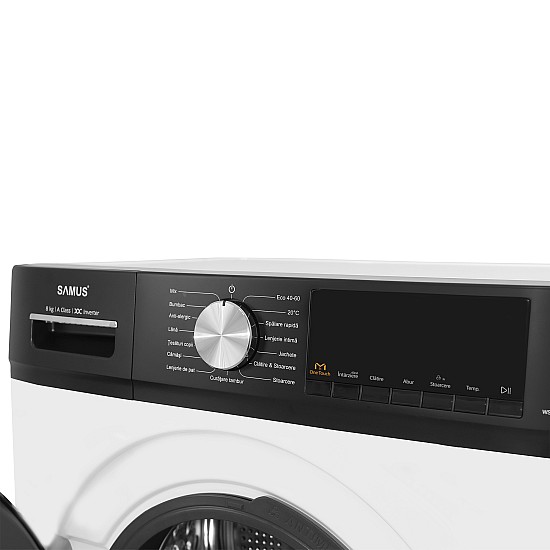 Masina de spalat rufe Samus WSDMI-80142, 8 kg, Motor inverter, 16 programe, 1400 rotatii, Clasa energetica A, Program special M-Smart, Adaugare de rufe in timpul spalarii, Blocare acces copii, Alb