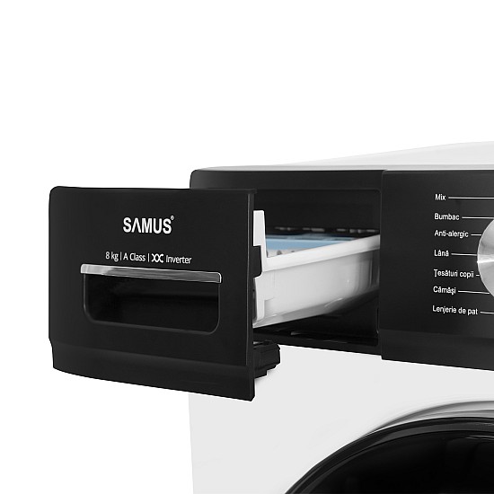 Masina de spalat rufe Samus WSDMI-80142, 8 kg, Motor inverter, 16 programe, 1400 rotatii, Clasa energetica A, Program special M-Smart, Adaugare de rufe in timpul spalarii, Blocare acces copii, Alb