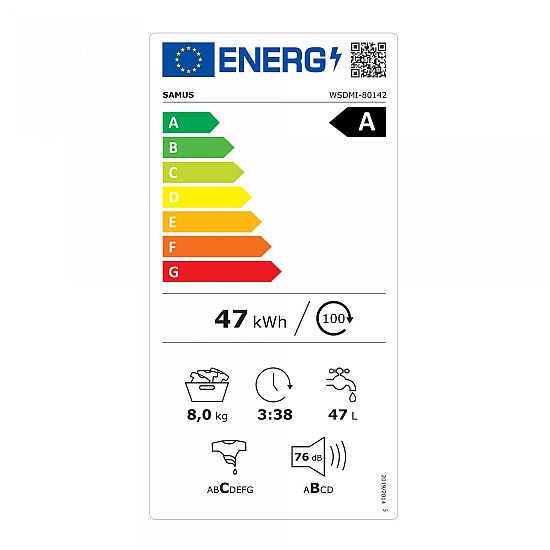 Masina de spalat rufe Samus WSDMI-80142, 8 kg, Motor inverter, 16 programe, 1400 rotatii, Clasa energetica A, Program special M-Smart, Adaugare de rufe in timpul spalarii, Blocare acces copii, Alb