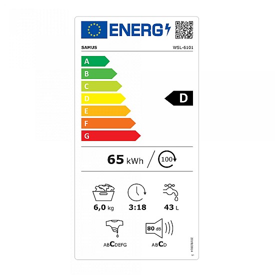 Masina de spalat rufe Samus WSL-6101, 6 kg, Slim, 23 Programe, 1000 rotatii/minut, Clasa energetica D, Afisaj cu leduri, Programe rapid, eco, spalare cu aburi, Alb