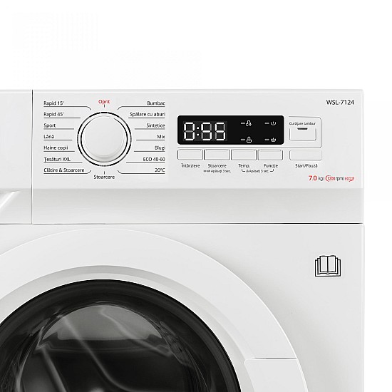 Masina de spalat rufe Samus WSL-7124,7 Kg, 15 programe, 1200 rotatii, Slim, Clasa D, Blocare acces copii, Alb