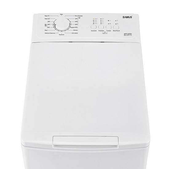 Masina de spalat rufe cu incarcare verticala Samus WTS-60102, 6 kg, 15 programe, 1000 rotatii, Clasa energetica C, Programe rapide, Pornire intarziata, Alb