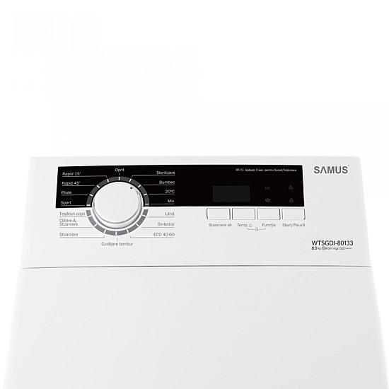 Masina de spalat rufe cu incarcare verticala Samus WTSGDI-80133, 8 kg, Motor Inverter, 15 Programe, 1300 rotatii, Clasa energetica A, Afisaj electronic, Blocare acces copii, Alb