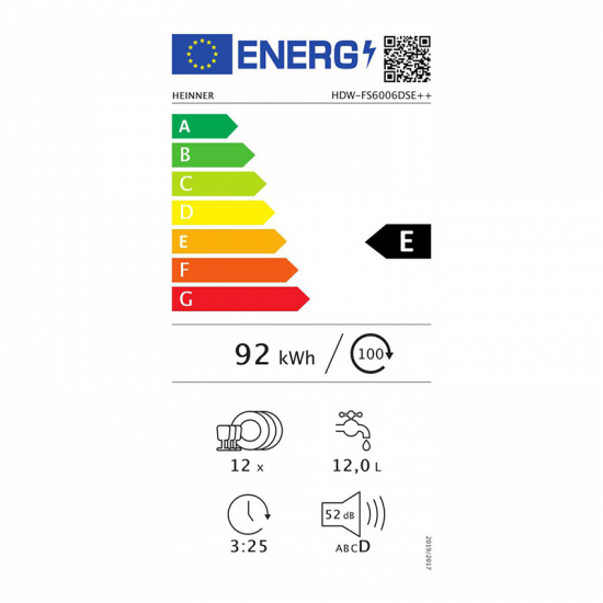 Mașină de spălat vase Heinner HDW-FS6006DSE++, 12 Seturi, 6 programe, Clasa E, Half load, Blocare acces copii, 60 cm, Argintiu