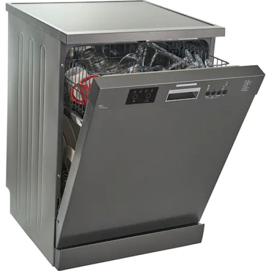 Masina de spalat vase Heinner HDW-FS6006DGE++ , 12 Seturi, 6 programe, Clasa E, Half load, Aquastop, 60 cm, Antracit