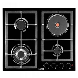 Plita Incorporabila Mixta Samus PSGE-63SB1, 3 arzatoare pe gaz + 1 arzator electric, Sisteme de siguranta la arzatoare pe gaz, Aprindere electrica, Negru