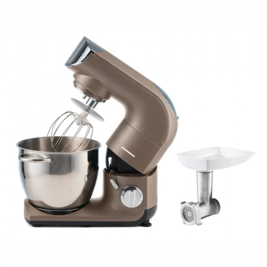 Robot de bucatarie Heinner Calypso 1500 HPM-L1500DC, 1500W, bol inox 5.5L, 6 viteze + Pulse, angrenaje metalice, tel din inox, paleta si carlig din aluminiu turnat, accesoriu masina de tocat inclus, iesire pentru accesoriu blender, Auriu