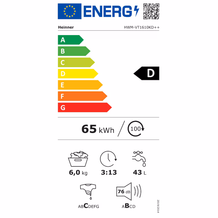Masina de spalat rufe Heinner HWM-VT1610KD++, 6 kg, 1000 rpm, Clasa D, Display digital, Blocare acces copii, Alb