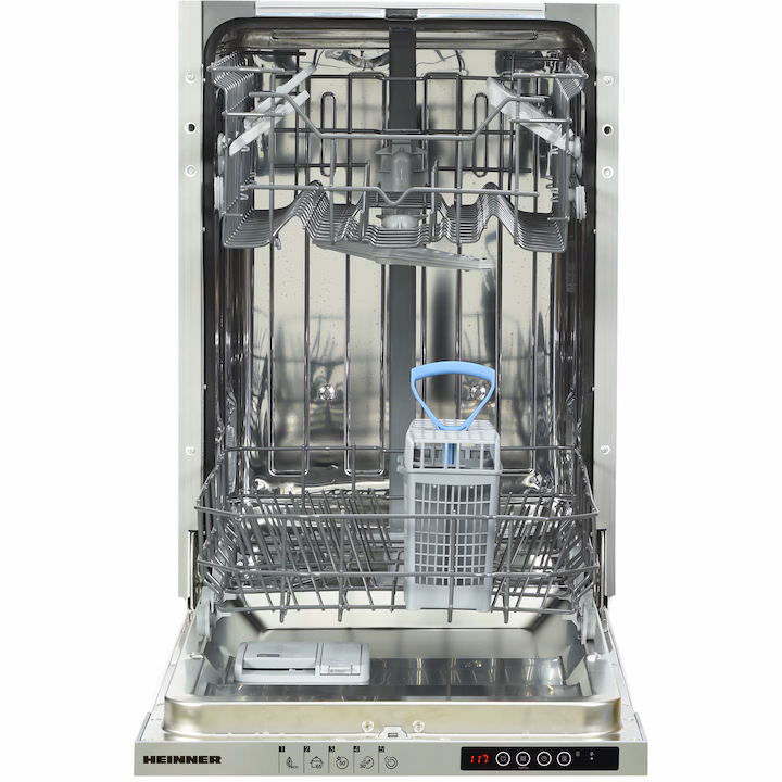 Masina de spalat vase incorporabila Heinner HDW-BI4505IE++, 10 Seturi, 5 programe, Clasa E, Half load, Aquastop, 45 cm