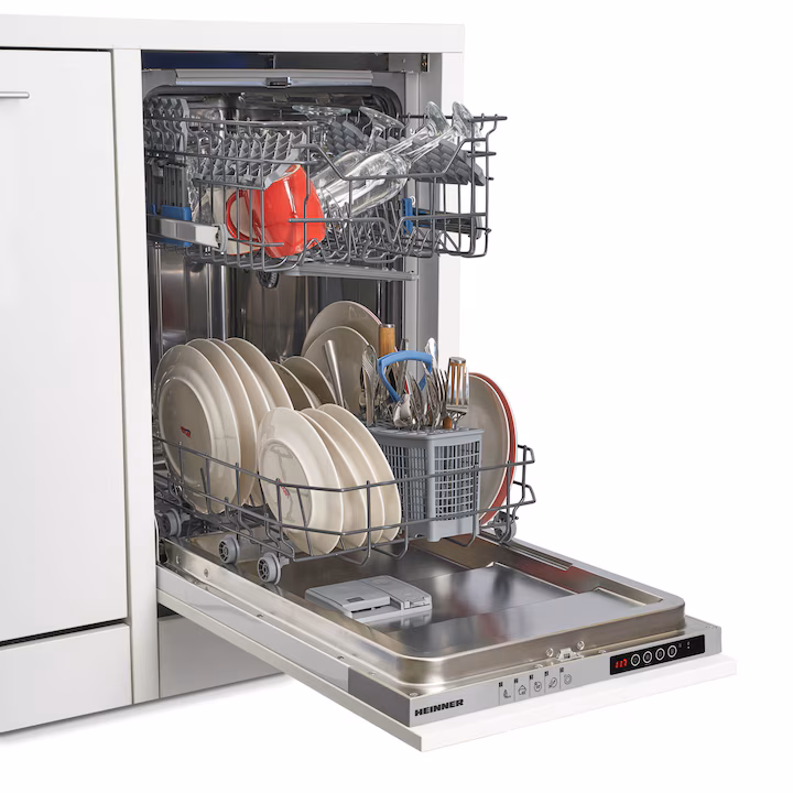 Masina de spalat vase incorporabila Heinner HDW-BI4505IE++, 10 Seturi, 5 programe, Clasa E, Half load, Aquastop, 45 cm