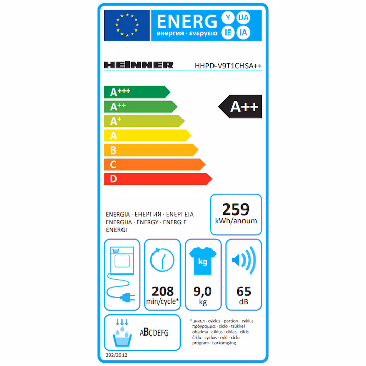 Uscator de rufe Heinner HHPD-V9T1CHSA++, Pompa de caldura, 9 kg, Clasa A++, Display Led, Functie Anti-sifonare, Argintiu