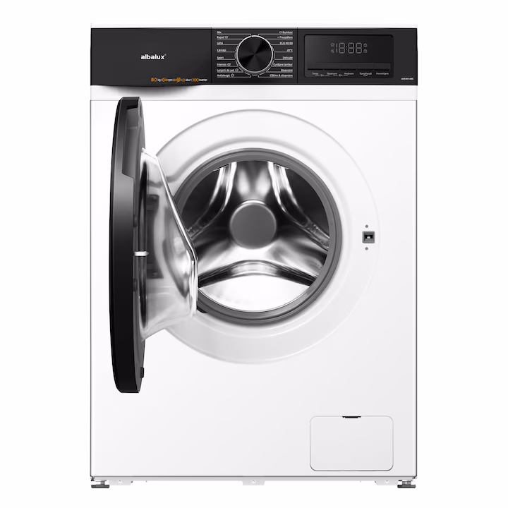 Masina de spalat rufe Albalux AXEWI1486, 8 kg, 16 programe, 1400 rotatii, Clasa energetica A, Display led, Spalare cu abur, Motor inverter, Alb