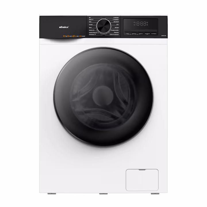 Masina de spalat rufe Albalux AXEWI1486, 8 kg, 16 programe, 1400 rotatii, Clasa energetica A, Display led, Spalare cu abur, Motor inverter, Alb