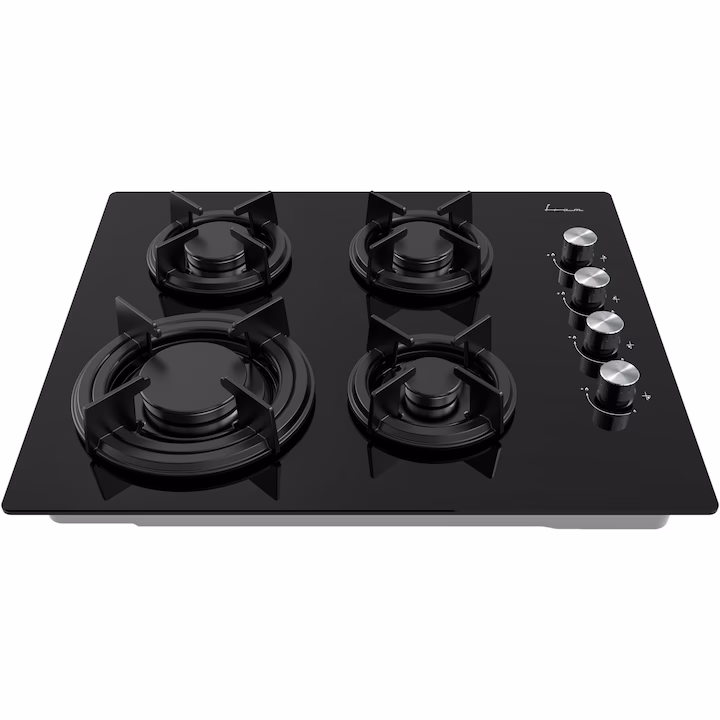 Plita incorporabila Fram FBH-M4IRF-GBK, Gaz, 4 arzatoare, Gratar fonta, Aprindere electrica, Dispozitiv de siguranta, 60 cm, Sticla neagra