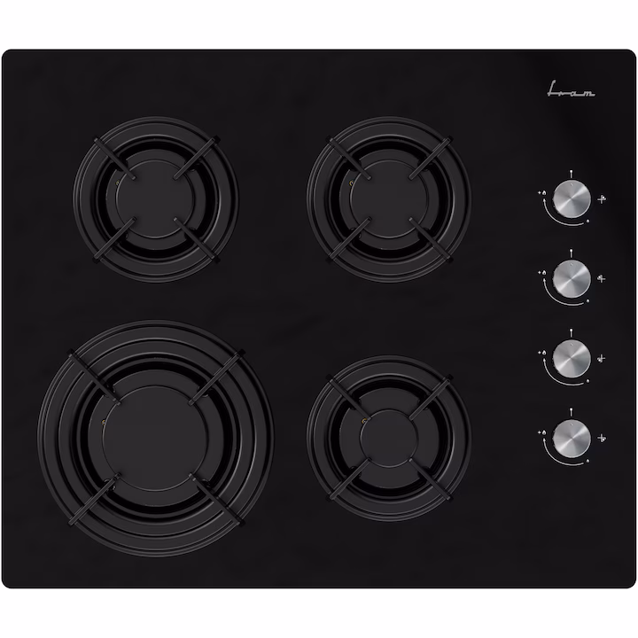 Plita incorporabila Fram FBH-M4IRF-GBK, Gaz, 4 arzatoare, Gratar fonta, Aprindere electrica, Dispozitiv de siguranta, 60 cm, Sticla neagra
