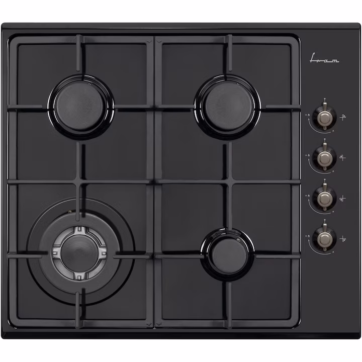 Plita incorporabila Fram FBH-V4IWF-RBK, Gaz, 4 Arzatoare, WOK, Gratar fonta, Control lateral, Aprindere electrica, Dispozitiv de siguranta, 60 cm, Negru