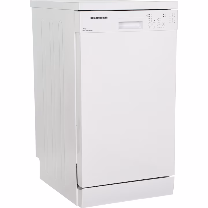 Masina de spalat vase Heinner HDW-FS4505WE++, 10 Seturi, 5 programe, Clasa E, Half load, Aquastop, 45 cm, Alb