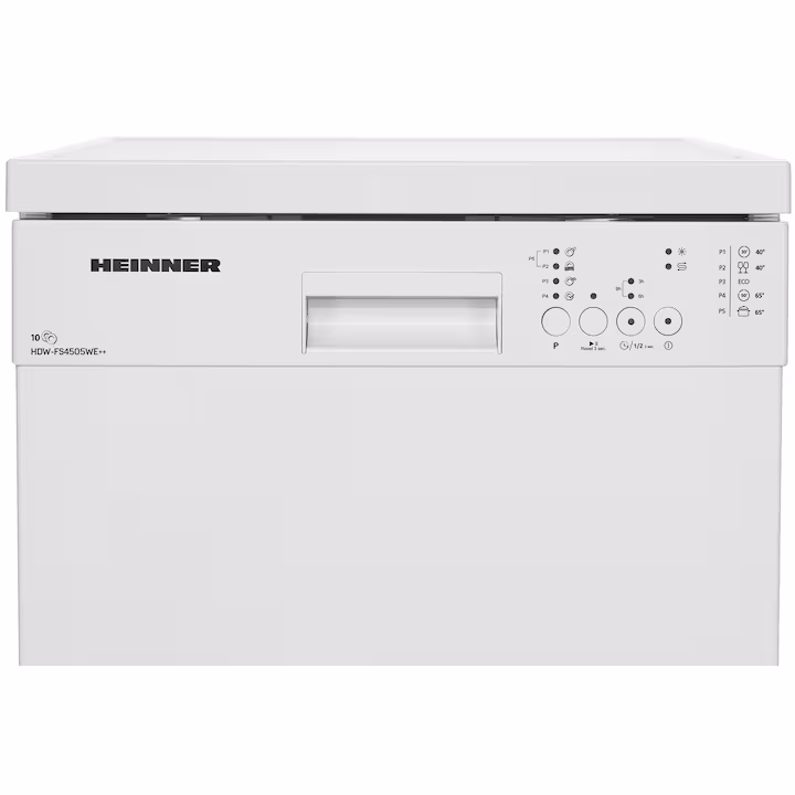 Masina de spalat vase Heinner HDW-FS4505WE++, 10 Seturi, 5 programe, Clasa E, Half load, Aquastop, 45 cm, Alb