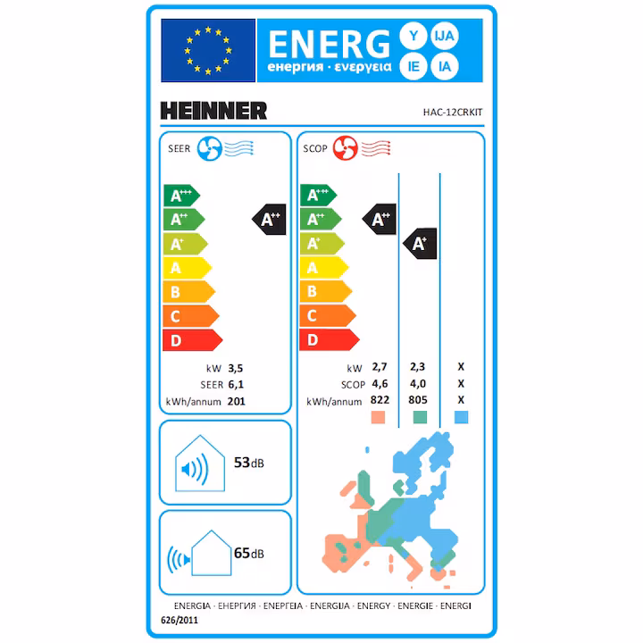 Aparat de aer conditionat Heinner Crystal HAC-12CRKIT, 12000 BTU, Kit instalare inclus, Clasa energetica Racire A++/ Incalzire A+, Follow Me, Turbo, Autocuratare, Alb