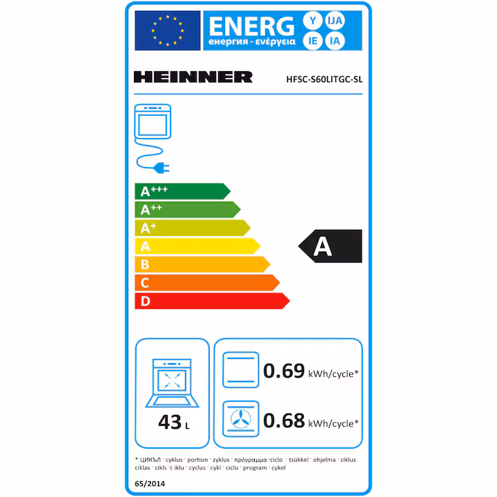 Aragaz mixt Heinner HFSC-S60LITGC-SL, 4 arzatoare, aprindere electrica plita, cuptor electric, clasa A, timer, grill, ventilatie, sertar inferior vase, 50x60 cm, argintiu