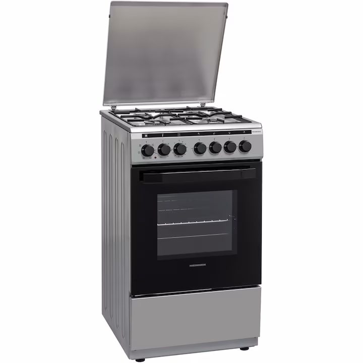 Aragaz mixt Heinner HFSC-V60LITGC-SS, 4 arzatoare gaz, Dispozitiv de siguranta plita, Aprindere electrica, Cuptor electric, Timer, Grill, Clasa A, 50 cm, Inox
