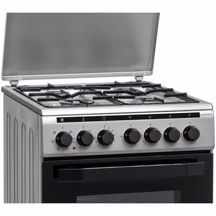 Aragaz mixt Heinner HFSC-V60LITGC-SS, 4 arzatoare gaz, Dispozitiv de siguranta plita, Aprindere electrica, Cuptor electric, Timer, Grill, Clasa A, 50 cm, Inox