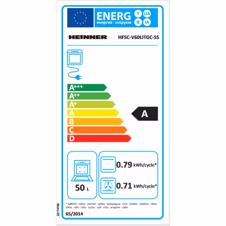 Aragaz mixt Heinner HFSC-V60LITGC-SS, 4 arzatoare gaz, Dispozitiv de siguranta plita, Aprindere electrica, Cuptor electric, Timer, Grill, Clasa A, 50 cm, Inox
