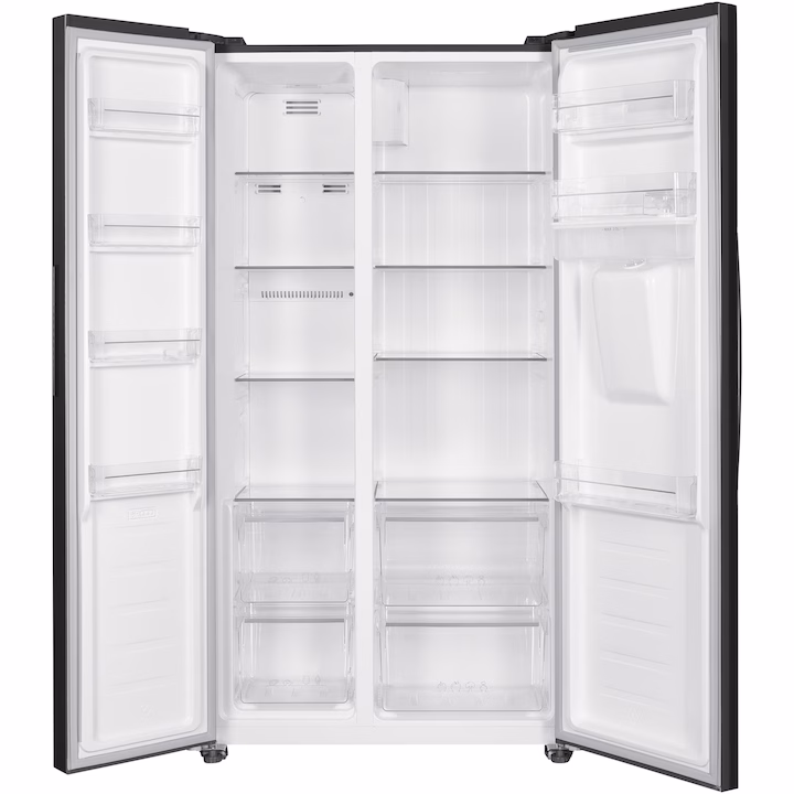 Side by side Fram FSBS-HM440NFXWDE++, 439 l, No Frost, Clasa E, Compresor Inverter, Display, Dozator de apa, Functie smart, H 176.5 cm, Argintiu