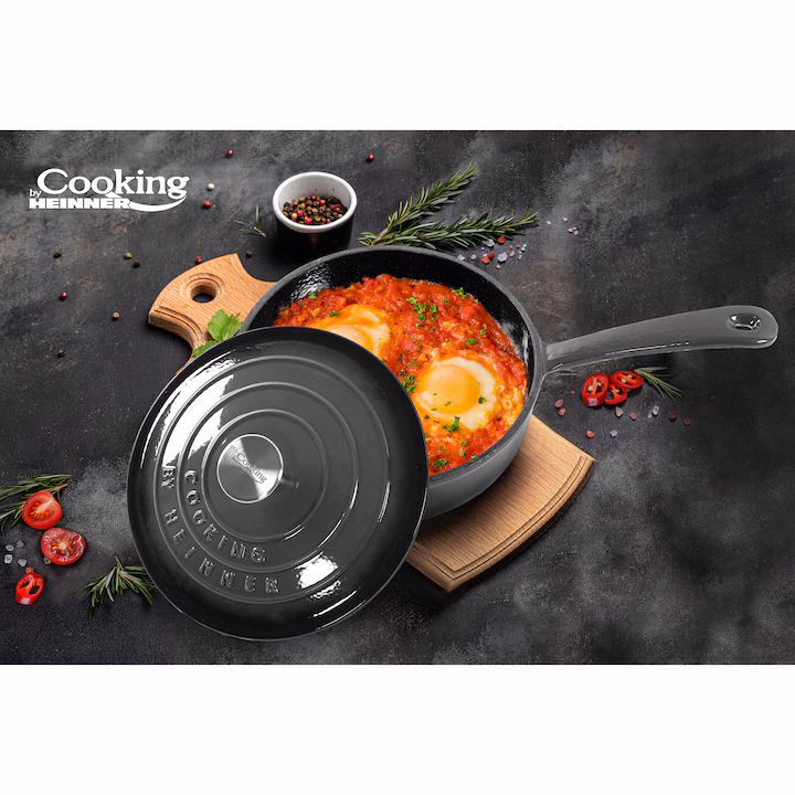 Tigaie adanca Cooking by Heinner Marble Grey cu capac, fonta emailata, 24X8 cm, 2.5 L