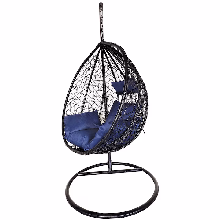Balansoar suspendat Leon Heinner, 115x68x108/195 cm, otel/rattan sintetic, gri antracit/albastru